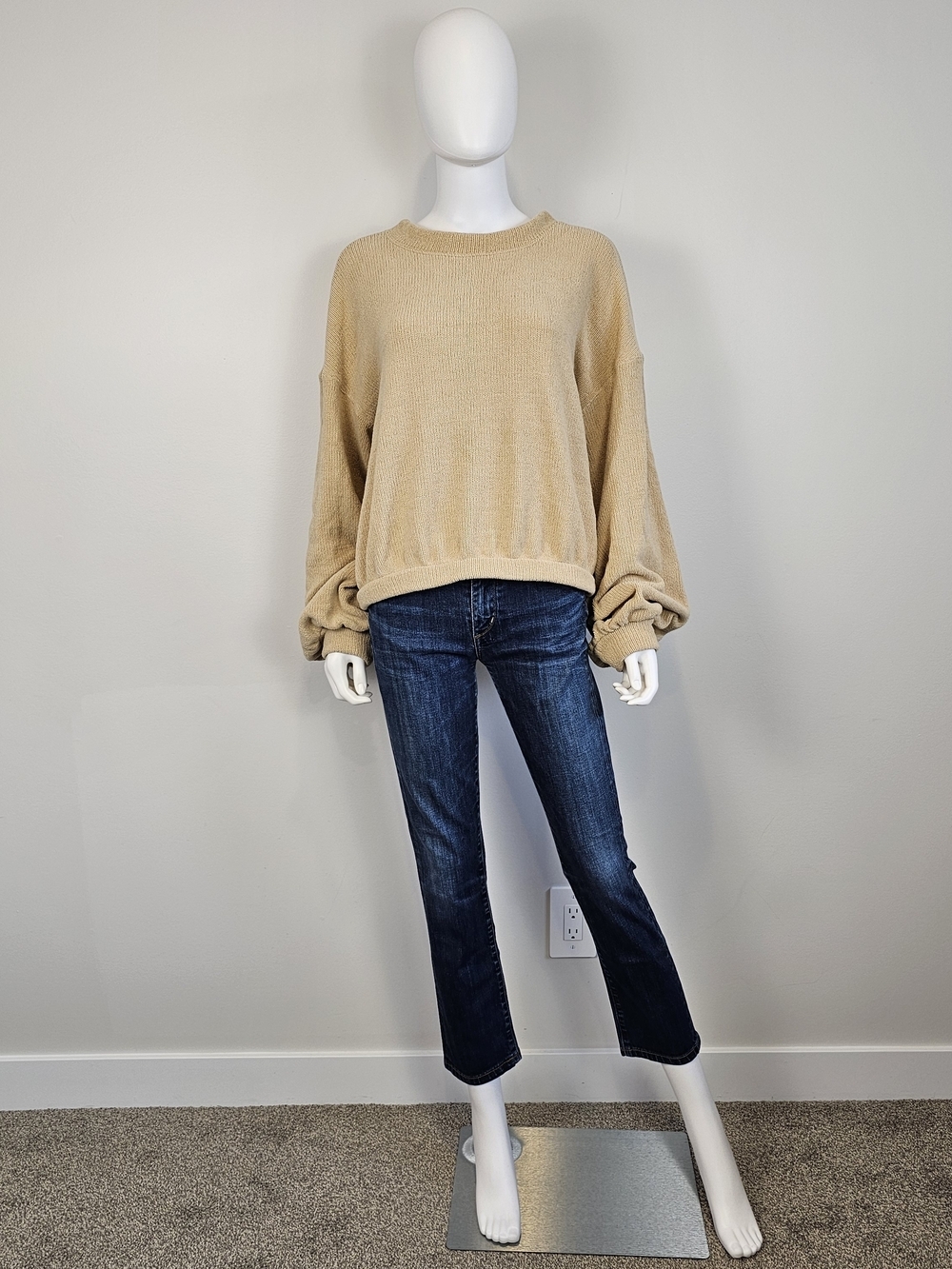 Free People Beach Tan Scoop Neck Lantern Sleeve Sweater Sz M - Picture 5 of 9